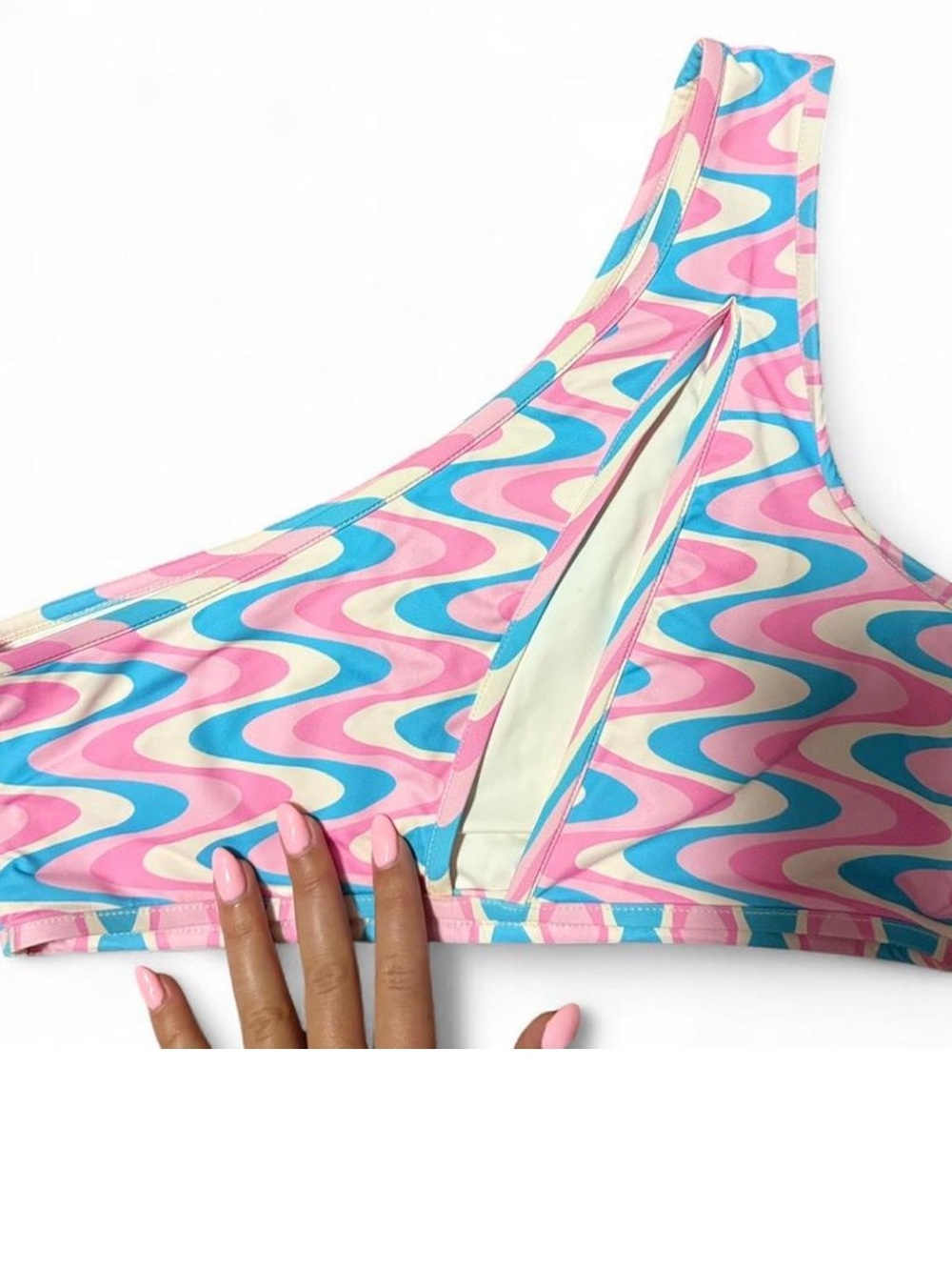 Frankie's Bikinis Pink & Blue Wave One-Shoulder Swim Top